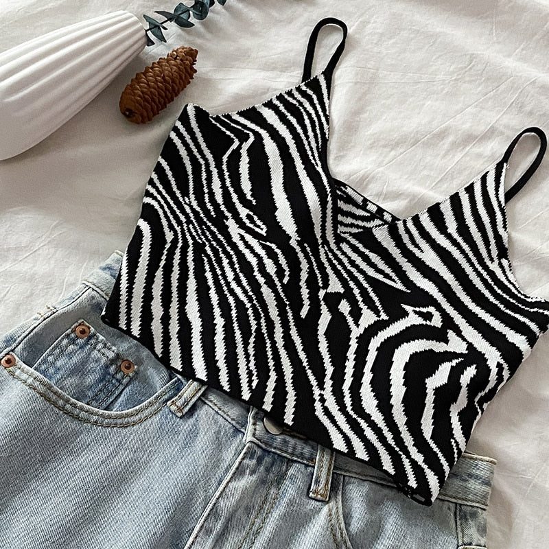 Zebra-print Camis Women Crop Top Sexy Design Slim All-match BF High Elasticity Tender Lady Summer Clothing Cute Breathable Cool