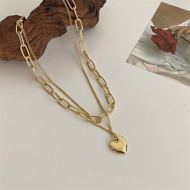 2022 New Senior Fashion Women Pendant Necklaces Fine Double Link Chain Metal Heart Party Necklace Jewelry Gift