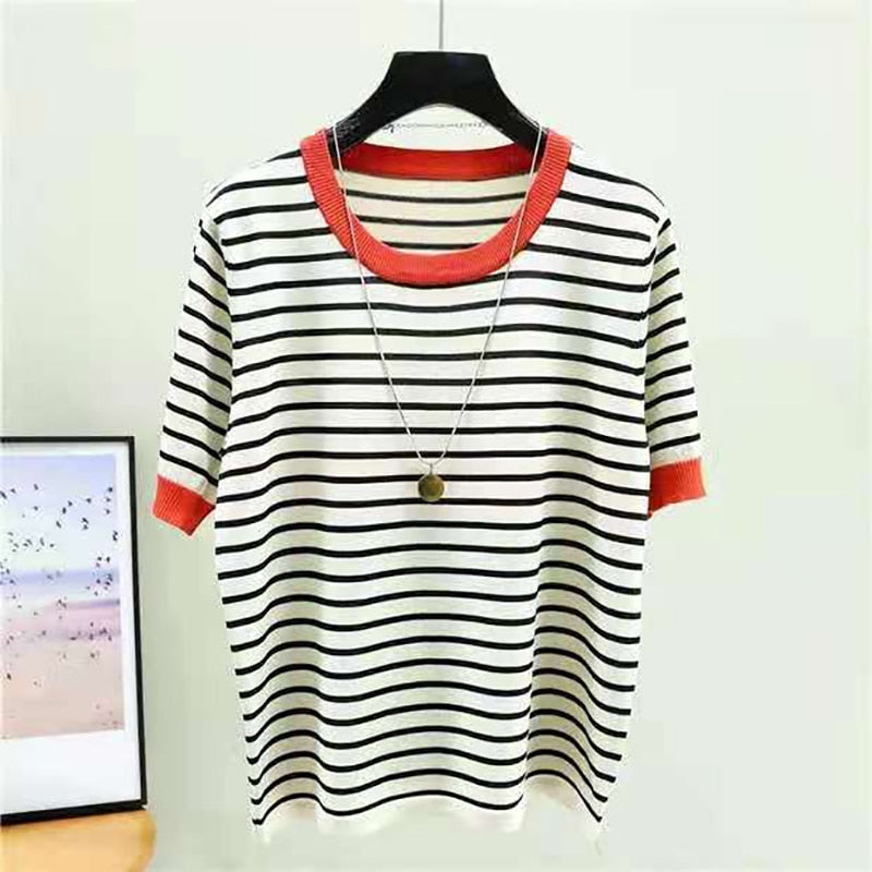 Shintimes Striped T Shirt Women Tee Shirt Femme Summer Thin Ice Silk Knit T-Shirts Short Sleeve Womens Clothing Camisetas Mujer