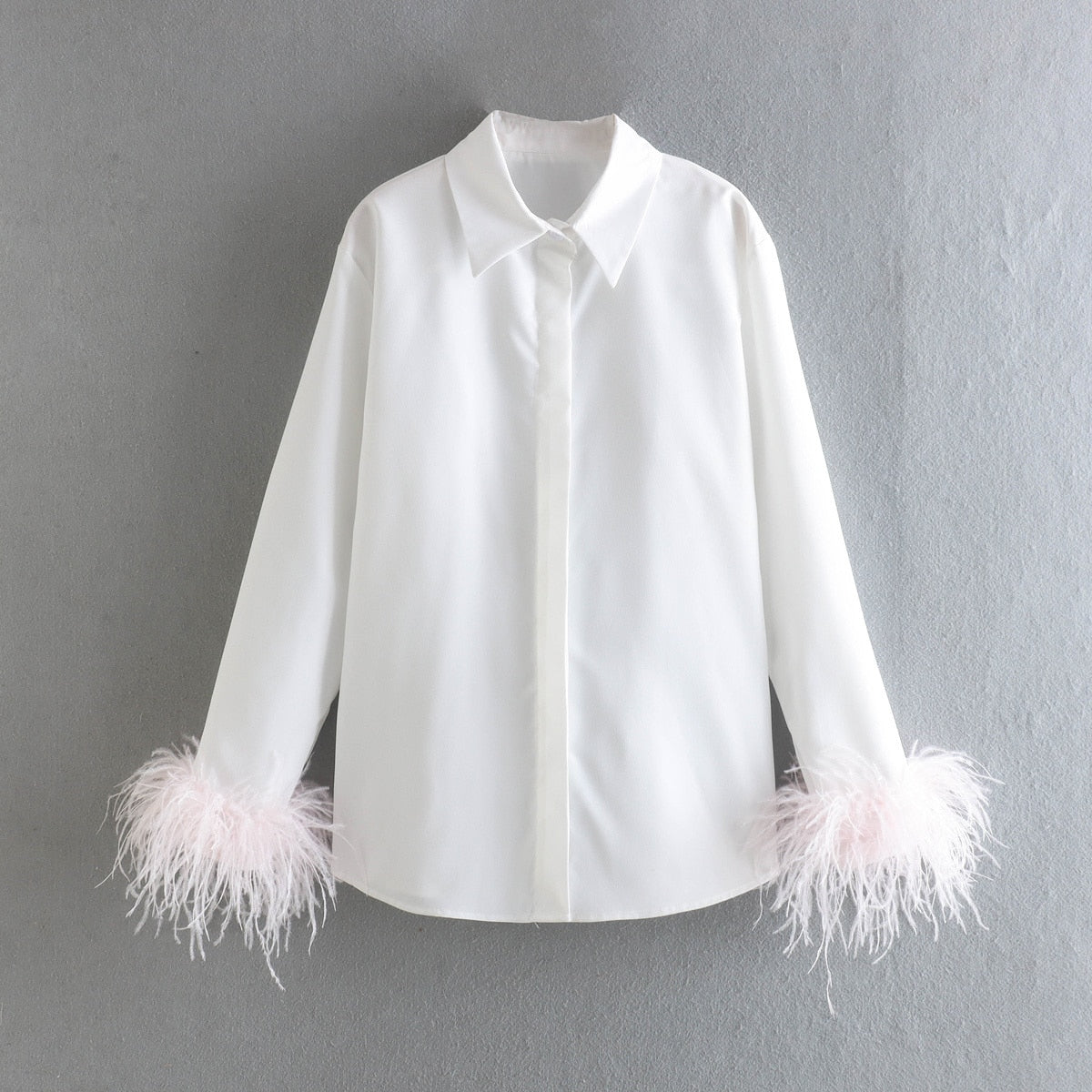 Green Feathers on the Cuffs Womens Blouses Long Sleeves Women&#39;s Clothing White Elegant Female Blouses Tops Shirts for Women Top