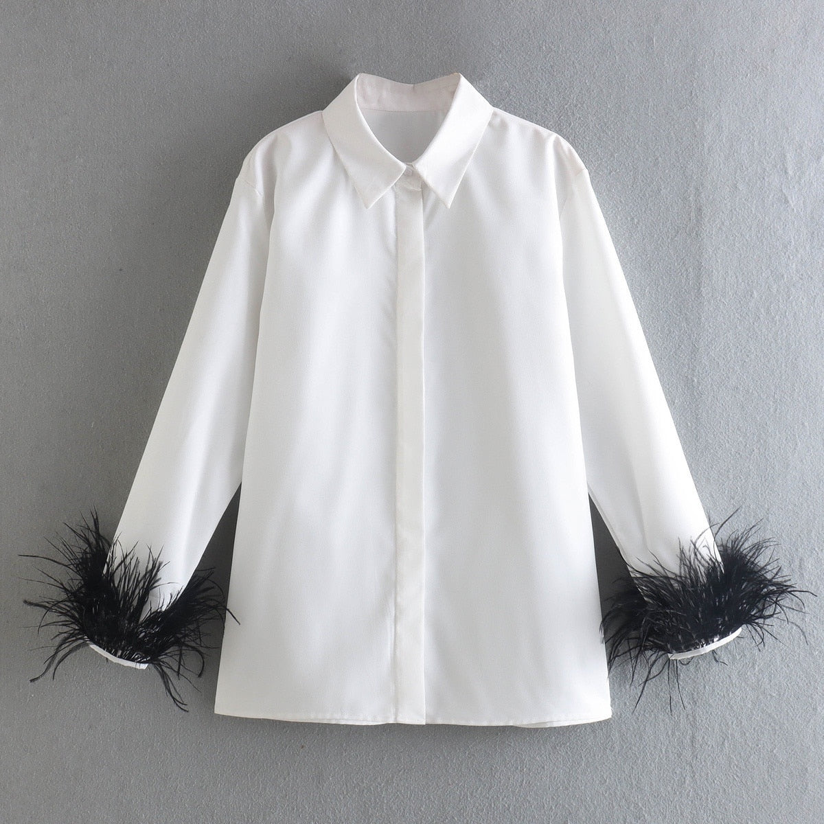 Green Feathers on the Cuffs Womens Blouses Long Sleeves Women&#39;s Clothing White Elegant Female Blouses Tops Shirts for Women Top