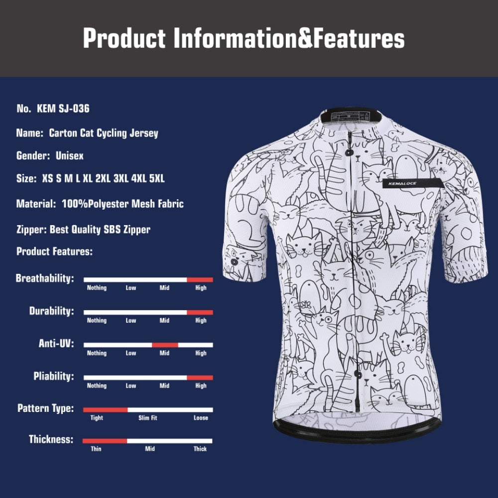 KEMALOCE Breathable Unisex White Cartoon Cat Cycling Jersey Spring Anti-Pilling Eco-Friendly Bike Clothing Top Road Team Bicycle