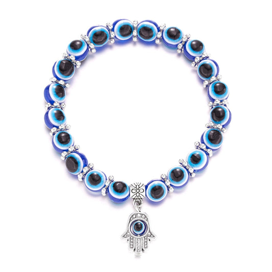 Classic Blue Evil Eyes Palm Butterfly Pendant Bracelet Wishing Elastic Rope Chain Resin Beads Bracelet For Women Jewelry Gift