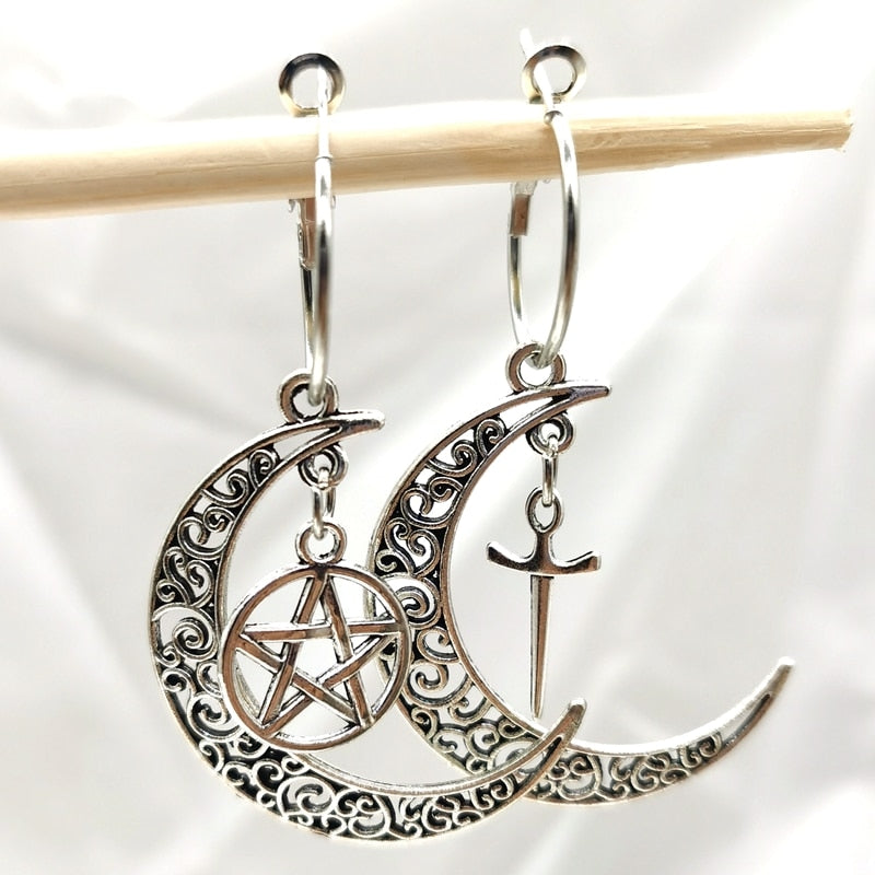 Pentagram Crescent Moon earrings ,Moon and Star earring,sword Pagan earring,Magic wand Wiccan earring,Pentagram moon