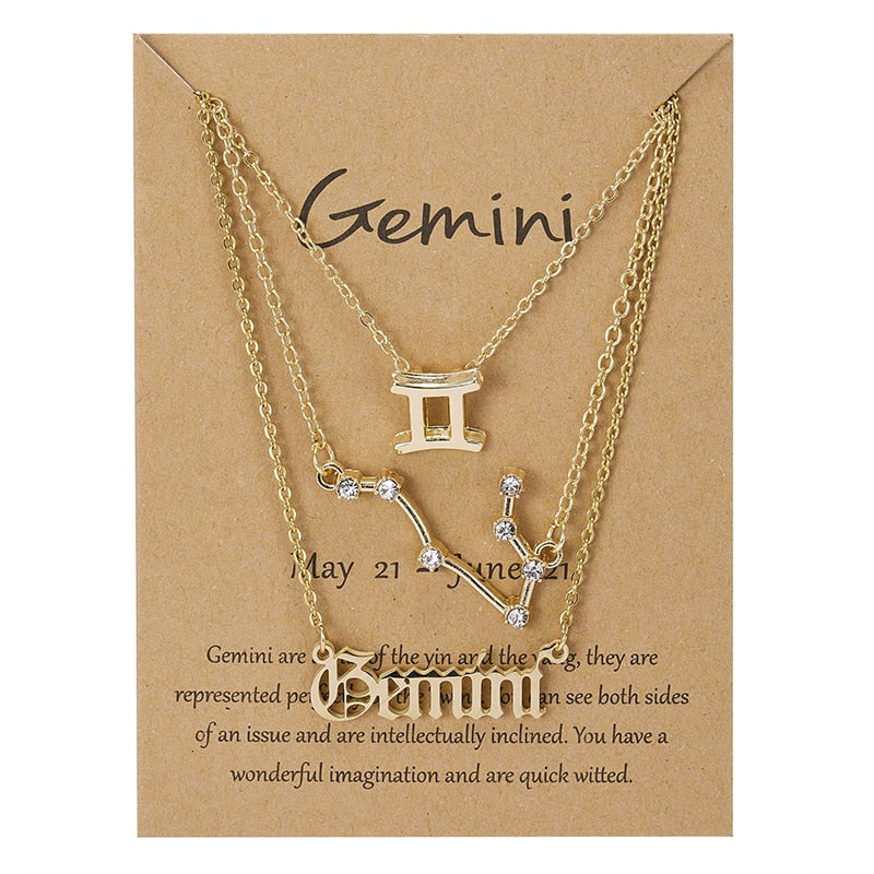 3Pcs/set 12 Zodiac Sign Necklace For Women 12 Constellation Pendant Chain Choker Birthday Jewelry With Cardboard Card