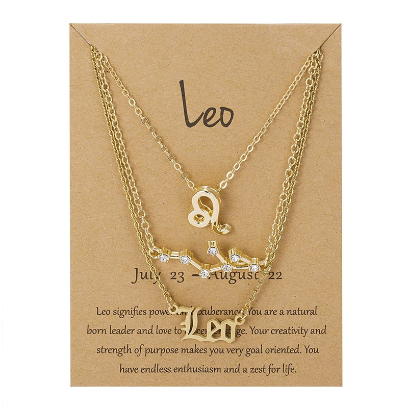 3Pcs/set 12 Zodiac Sign Necklace For Women 12 Constellation Pendant Chain Choker Birthday Jewelry With Cardboard Card