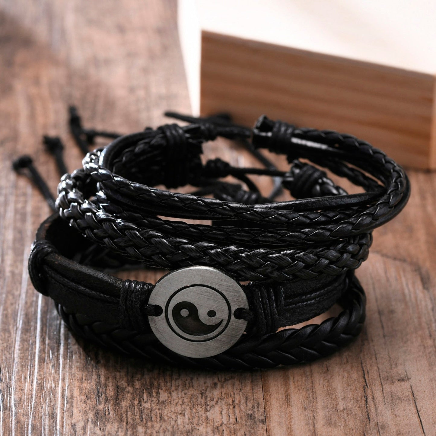 Vnox 4Pcs/ Set Braided Wrap Leather Bracelets for Men Vintage Life Tree Rudder Charm Wood Beads Ethnic Tribal Wristbands