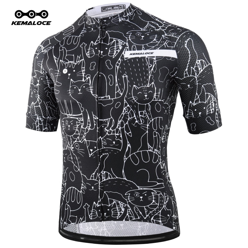 KEMALOCE Breathable Unisex White Cartoon Cat Cycling Jersey Spring Anti-Pilling Eco-Friendly Bike Clothing Top Road Team Bicycle