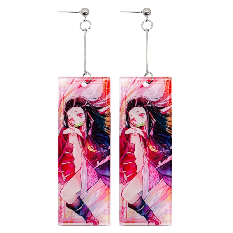 Fashion Acrylic Tanjiro Earrings Demon Slayer Earrings Anime Cosplay Props Hanafuda Drop Long Earrings for Women Girls Jewelry