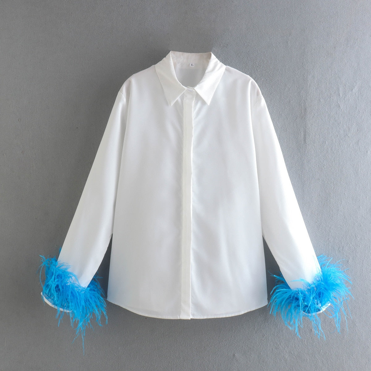 Green Feathers on the Cuffs Womens Blouses Long Sleeves Women&#39;s Clothing White Elegant Female Blouses Tops Shirts for Women Top