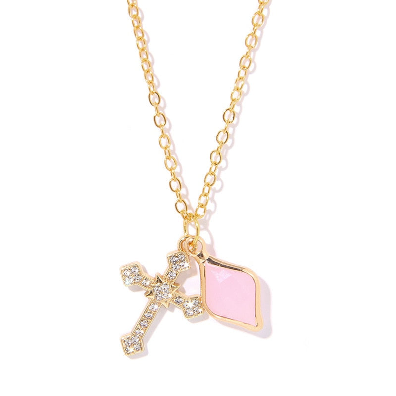 New Gothic Pink Cross Necklace Purple Zircon Punk Pendant Necklace Y2K Heart Cross Chain Necklace for Woman Jewelry Accessories