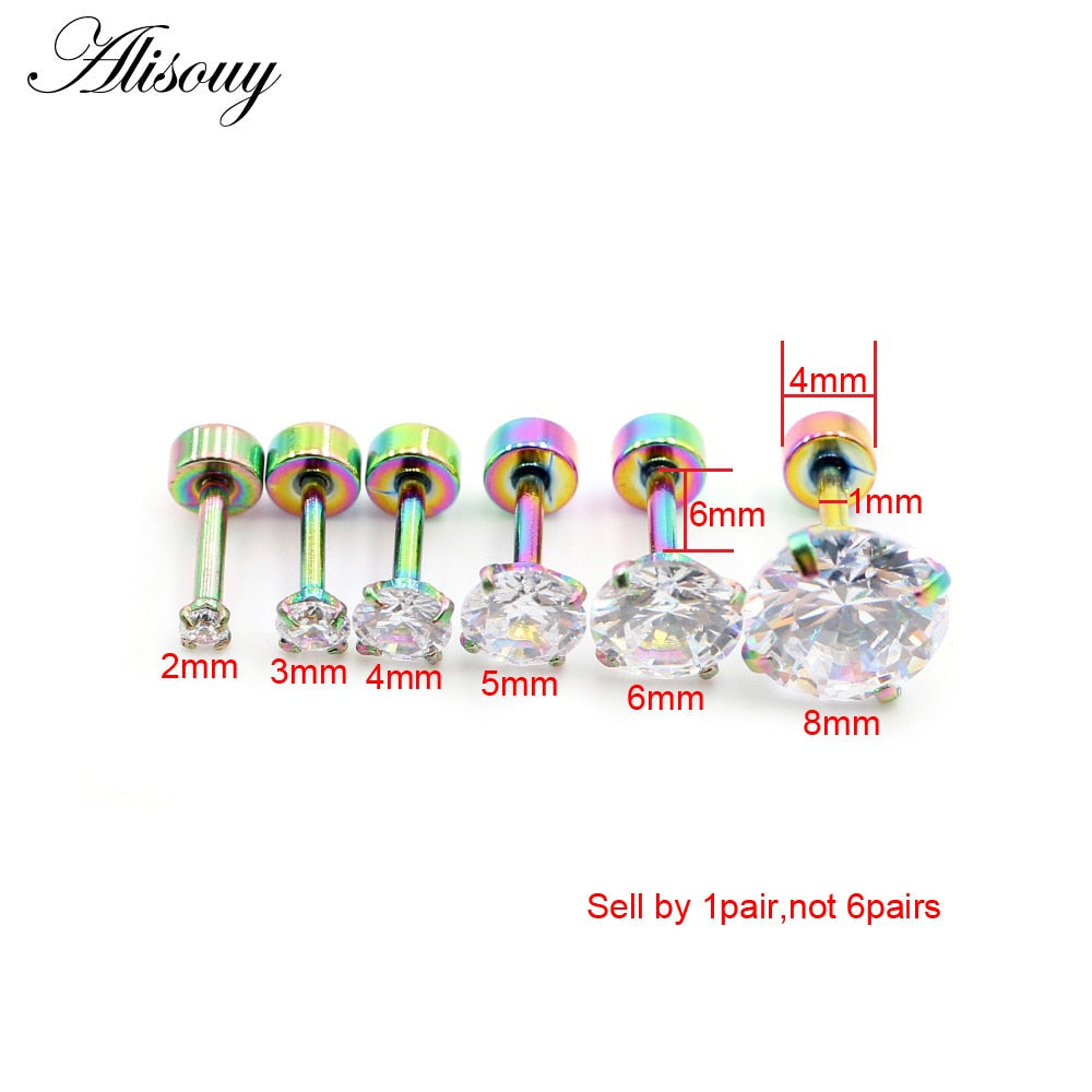 Alisouy 2pcs Stainless steel Unisex Women Men Round Crystal Zircon Ear Studs Earrings  4 Prong Tragus Cartilage Piercing Jewelry