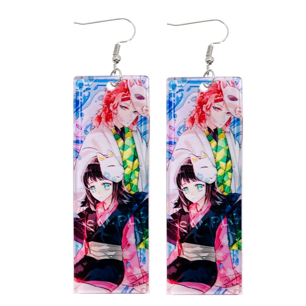 Fashion Acrylic Tanjiro Earrings Demon Slayer Earrings Anime Cosplay Props Hanafuda Drop Long Earrings for Women Girls Jewelry