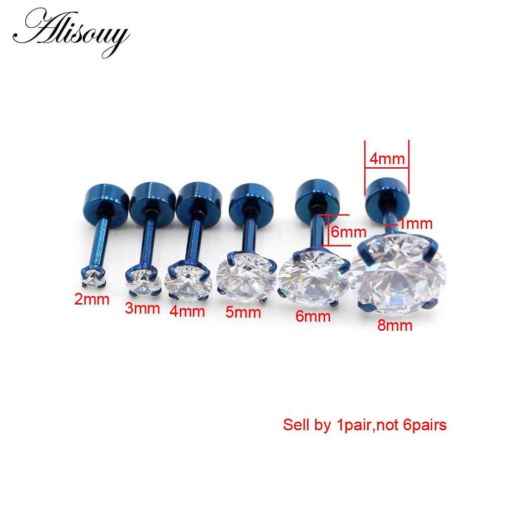 Alisouy 2pcs Stainless steel Unisex Women Men Round Crystal Zircon Ear Studs Earrings  4 Prong Tragus Cartilage Piercing Jewelry