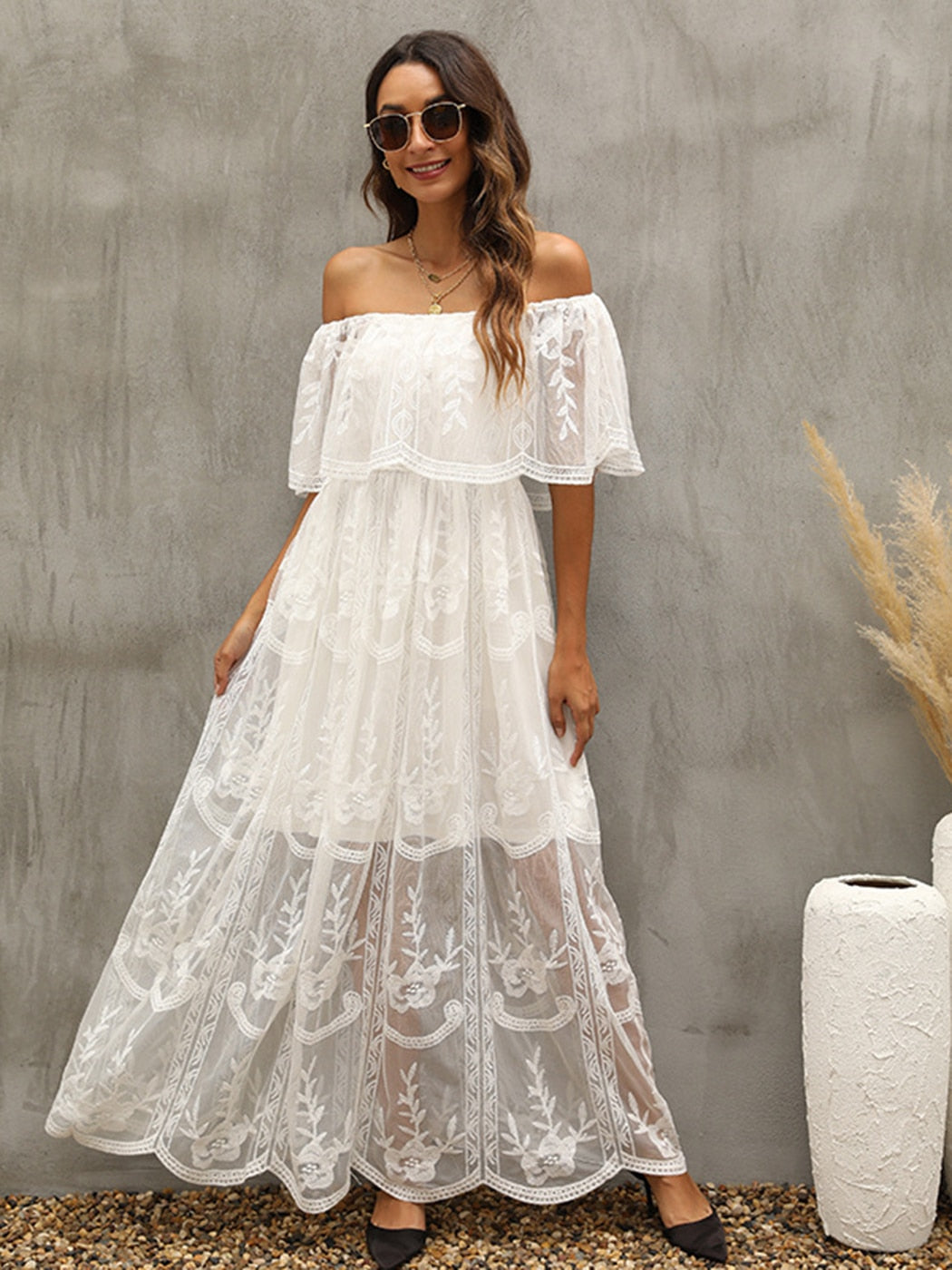 Jastie 2022 Summer Boho Women Maxi Dress Loose Embroidery White Lace long Tunic Beach Dress Vacation Holiday Women Clothing