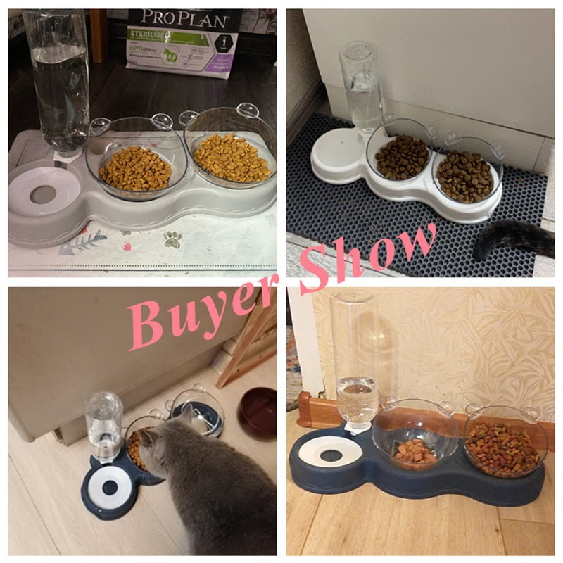 Pet Cat Bowl Automatic Feeder 3-in-1 Dog Cat Food Bowl With Water Fountain Double Bowl Drinking Raised Stand Dish Bowls For Cats