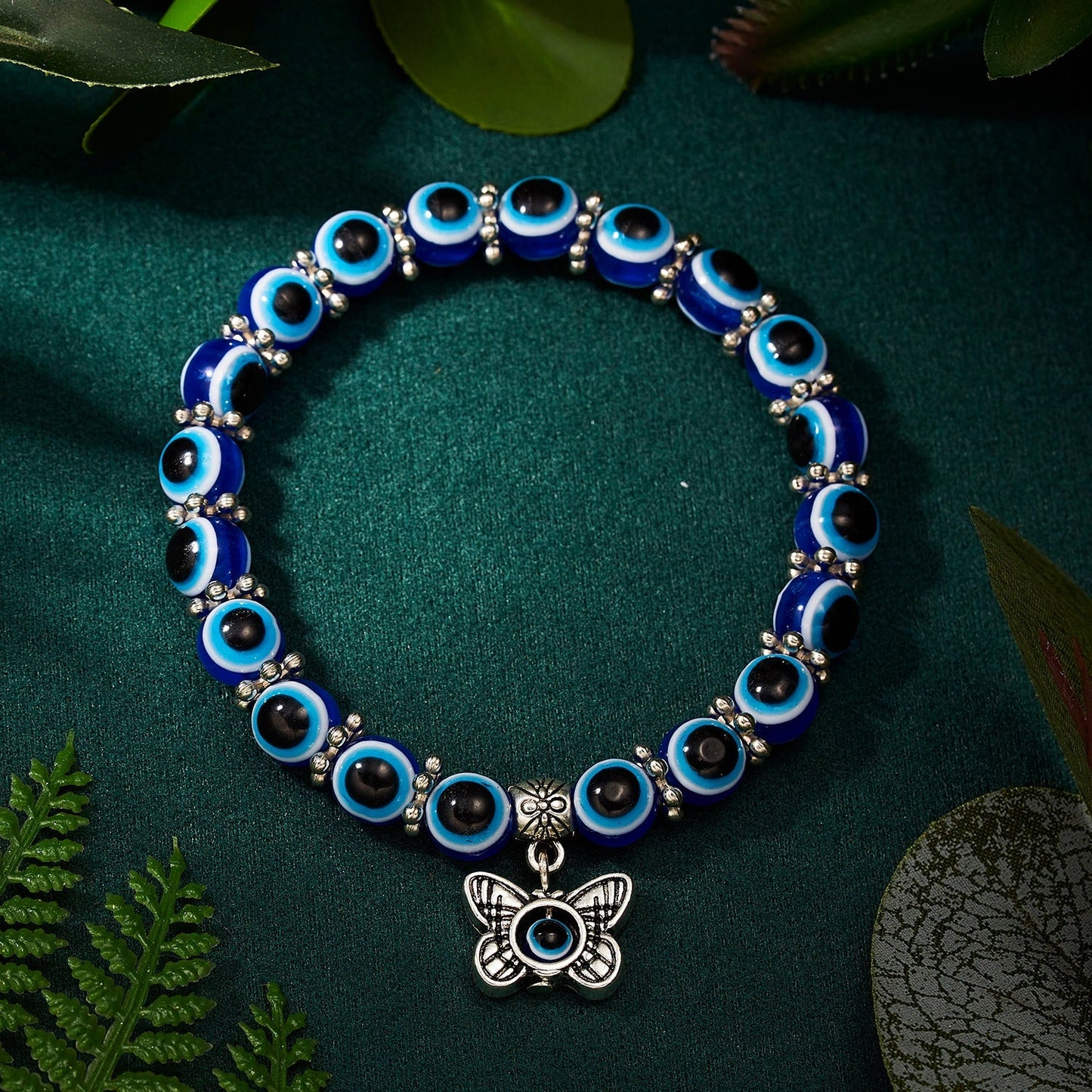 Classic Blue Evil Eyes Palm Butterfly Pendant Bracelet Wishing Elastic Rope Chain Resin Beads Bracelet For Women Jewelry Gift